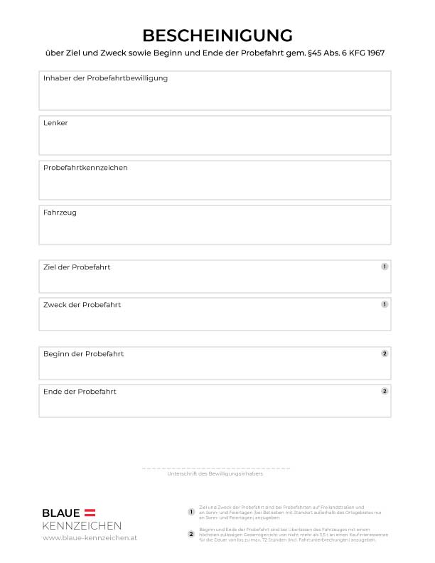 Bescheinigung Fahrten Wohnung Arbeitsstätte Muster Formulare für Probefahrtkennzeichen